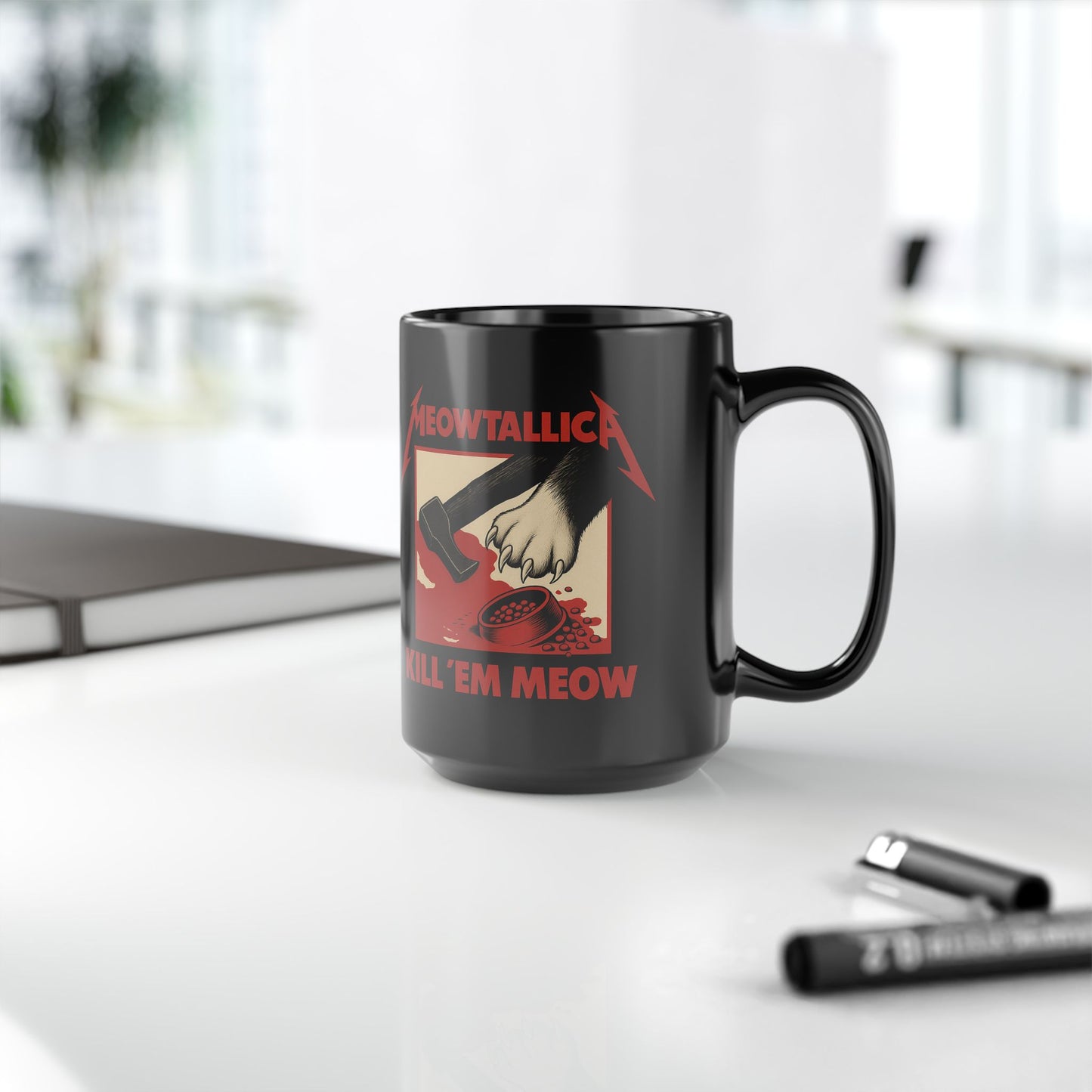 MEOWTALLICA KILL 'EM MEOW - Black Coffee Mug - 15oz