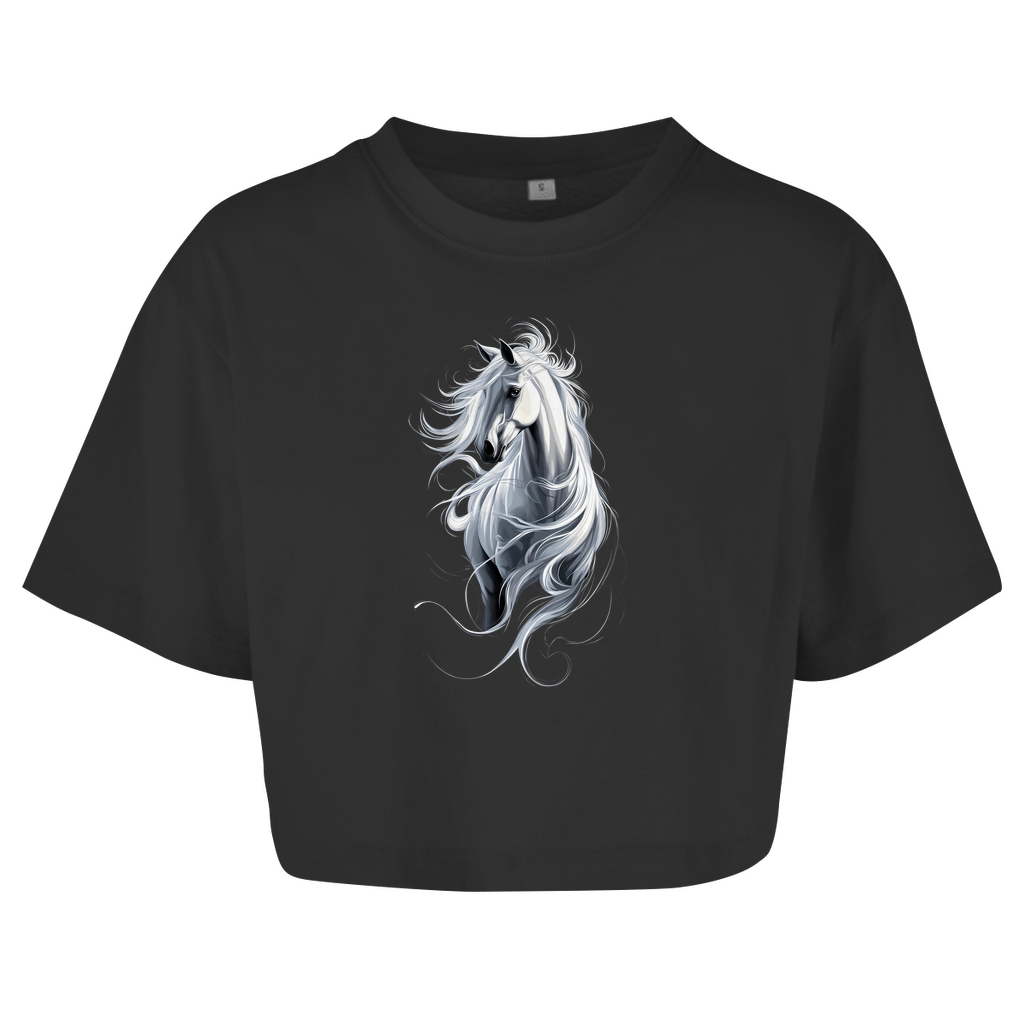 Damen Oversize Crop Top White Horse